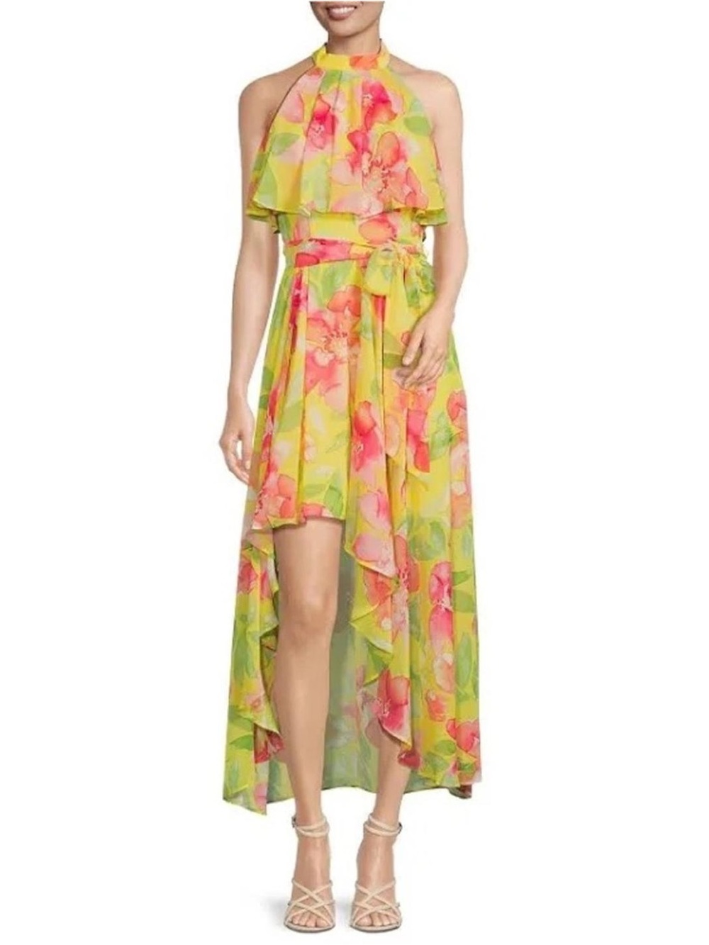 Eliza J Yellow and Pink Floral Halter High-Low Dress